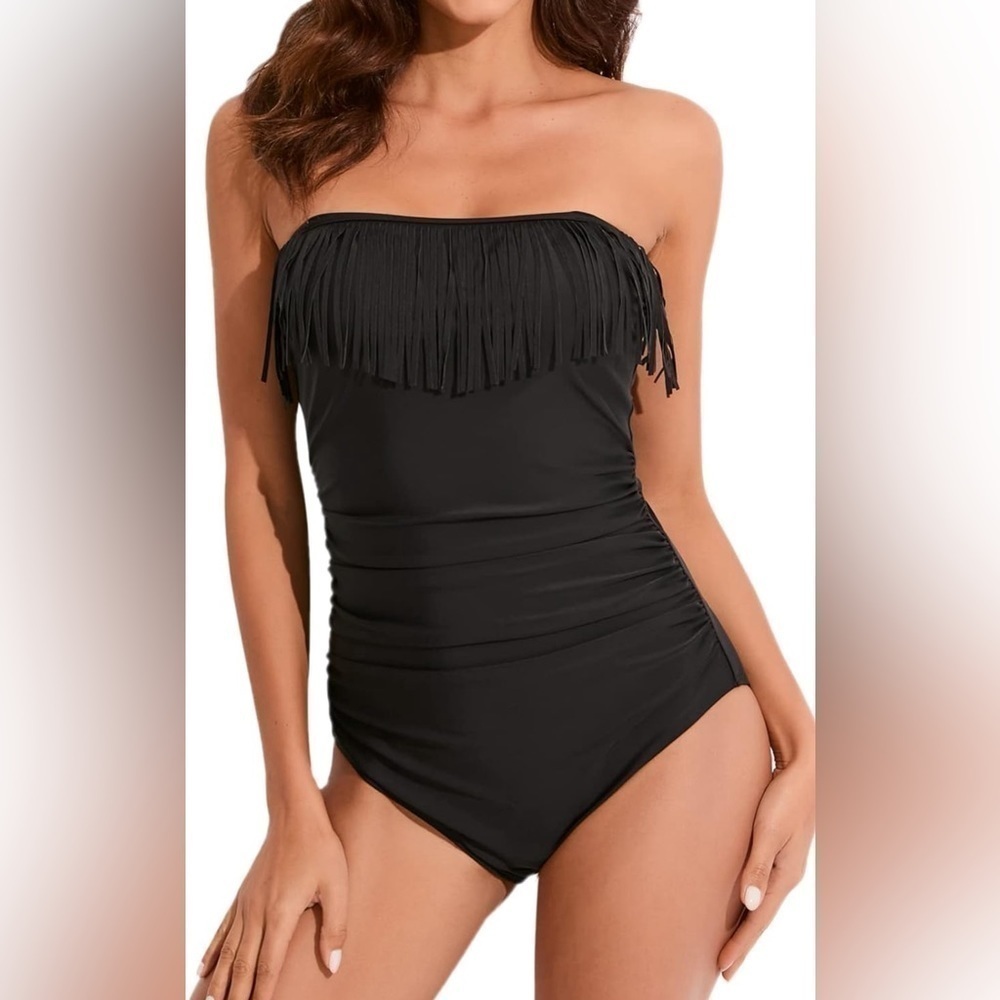 Smismivo Swimsuit Solid Black Fringe Women’s Size Medium Removable Straps NWT - Picture 3 of 9